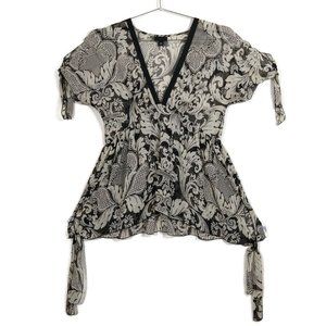 Anna Sui Floral Sheer V-neck Slit Short Sleeves Blouse Top Black Beige Size S